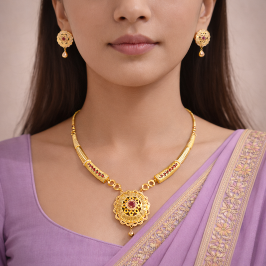 Royal Ruby Motif Necklace & Earrings Set