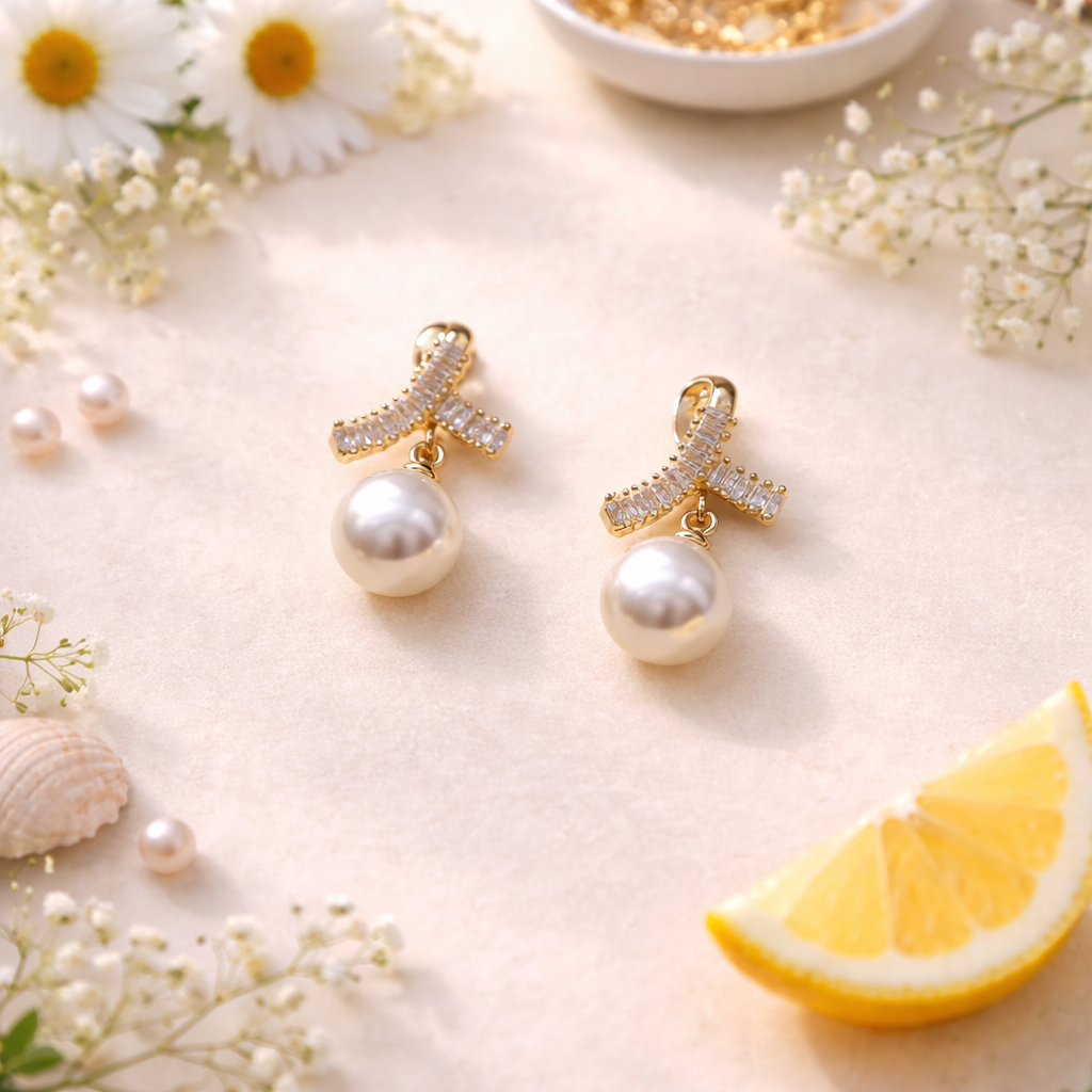 Elegant Pearl Ribbon Stud Earrings