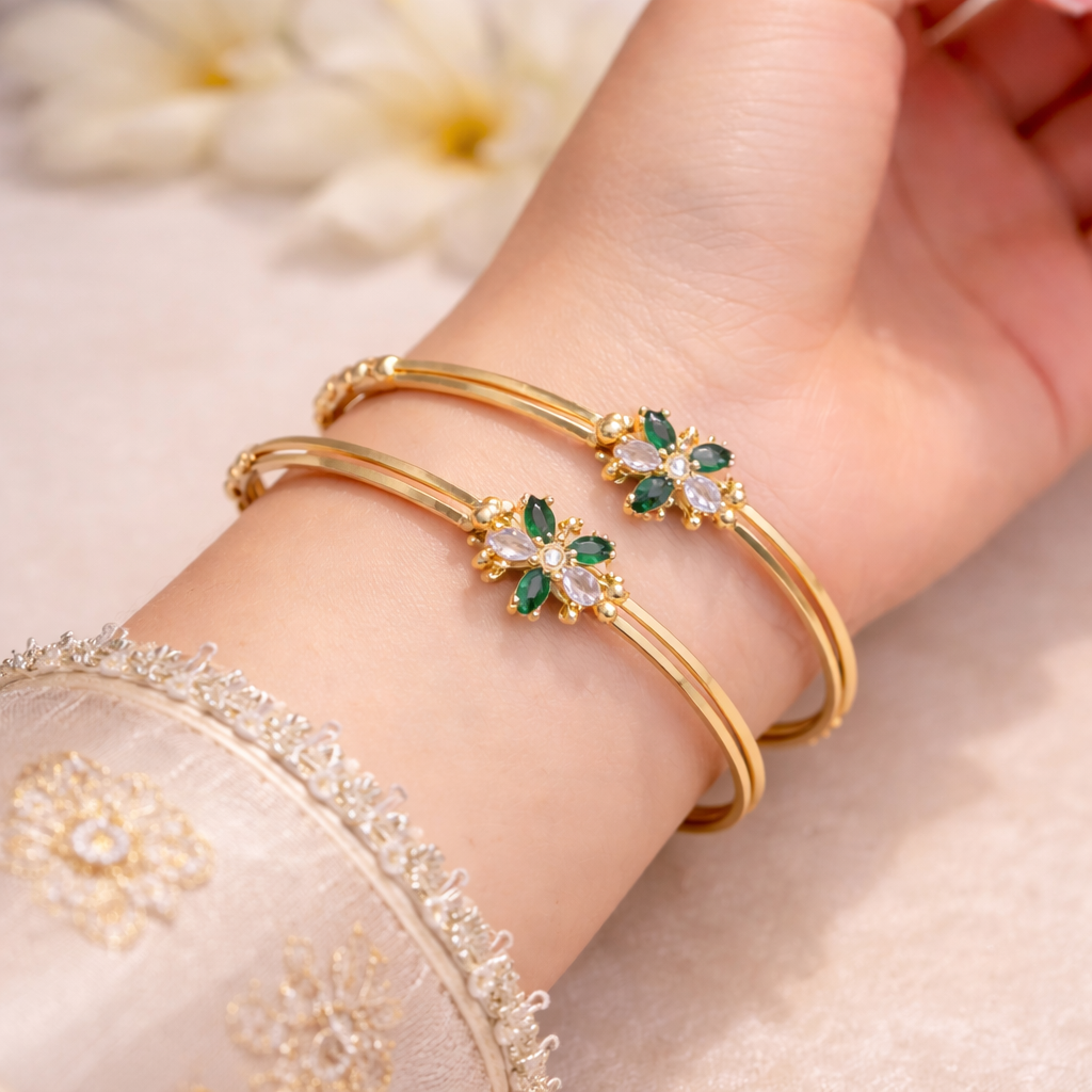 Emerald Green Floral Openable Bangle Set