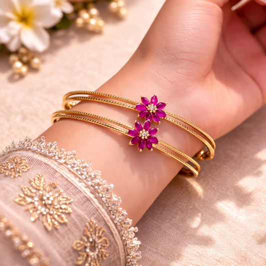 Ruby Pink Floral Openable Bangle Set