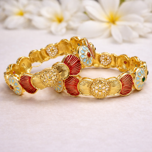 Traditional Enamel Flower Statement Bangle Set