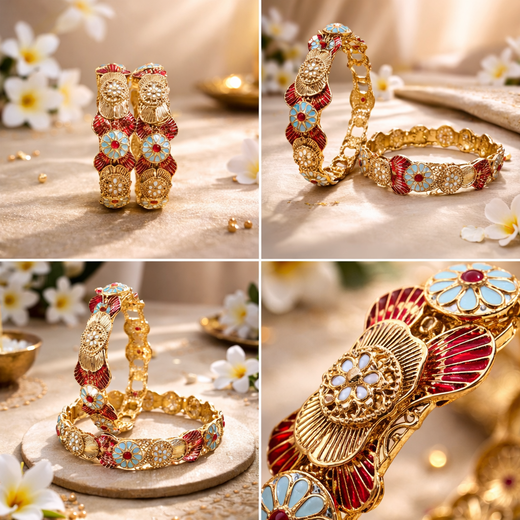 Traditional Enamel Flower Statement Bangle Set