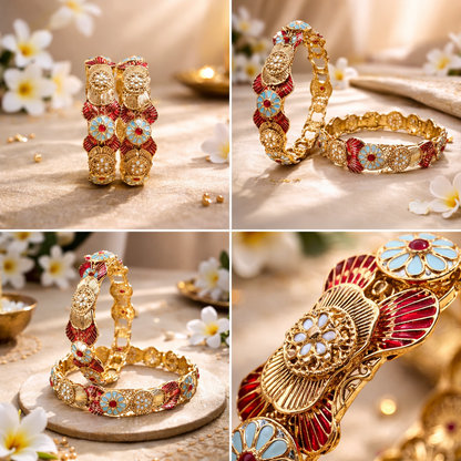 Traditional Enamel Flower Statement Bangle Set