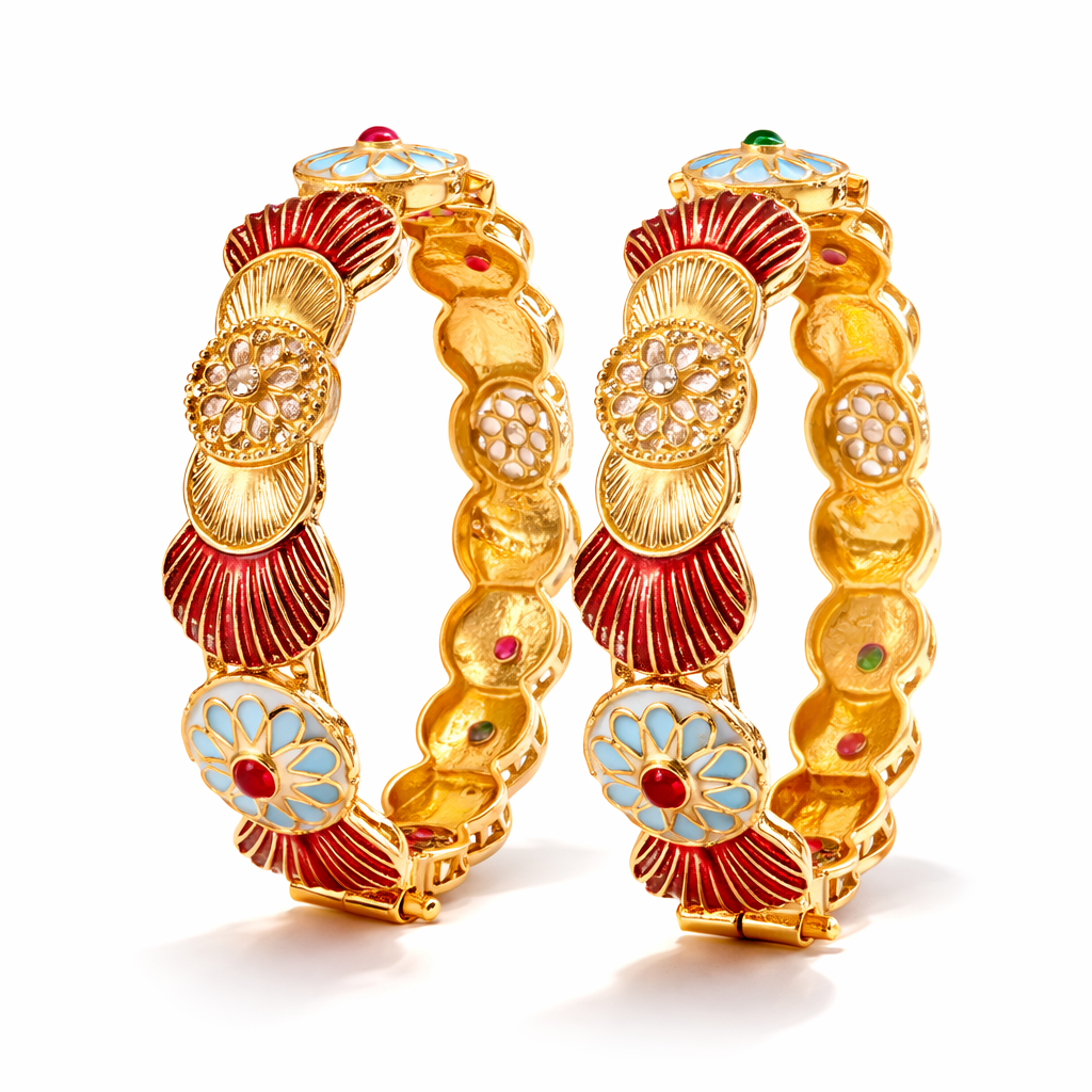 Traditional Enamel Flower Statement Bangle Set