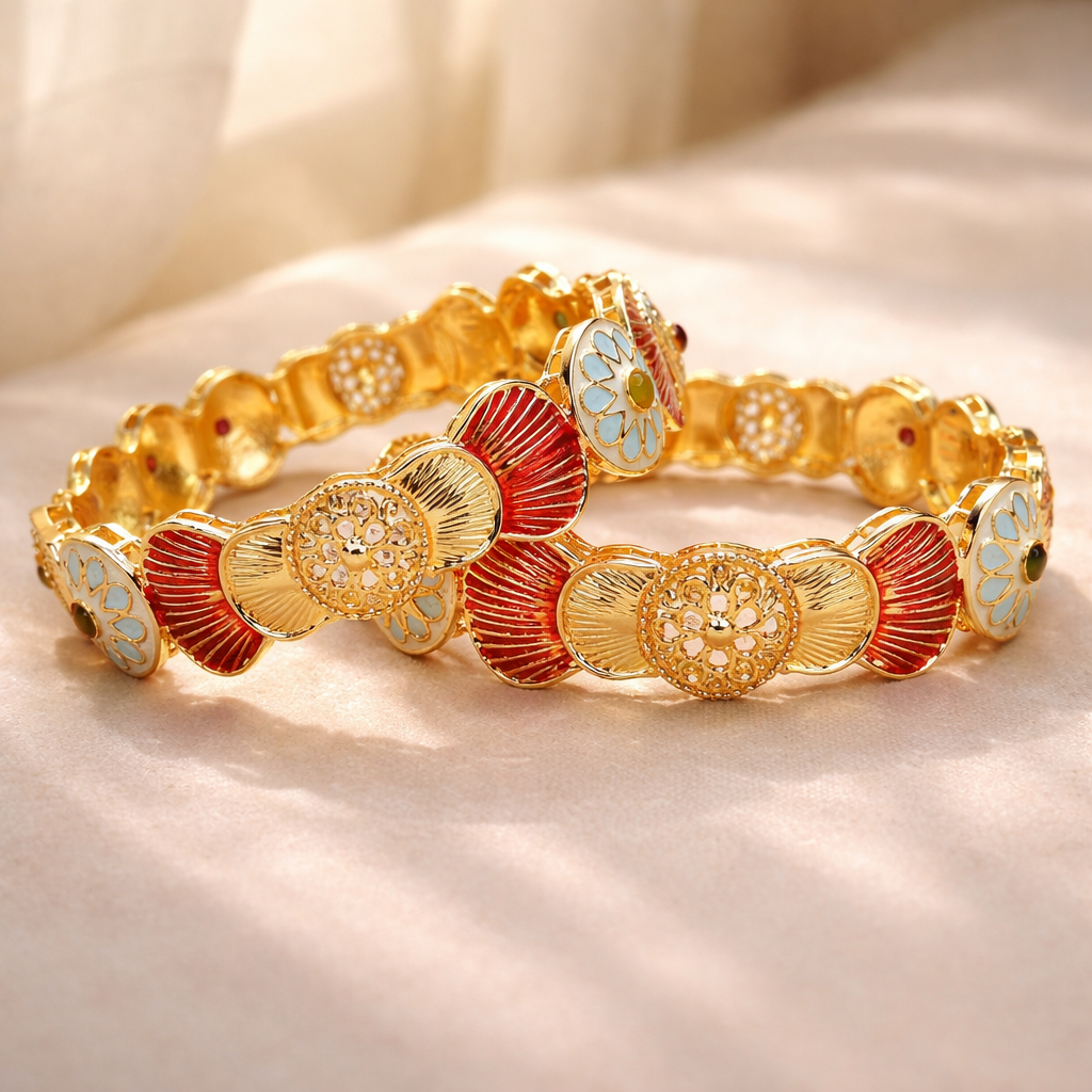 Traditional Enamel Flower Statement Bangle Set