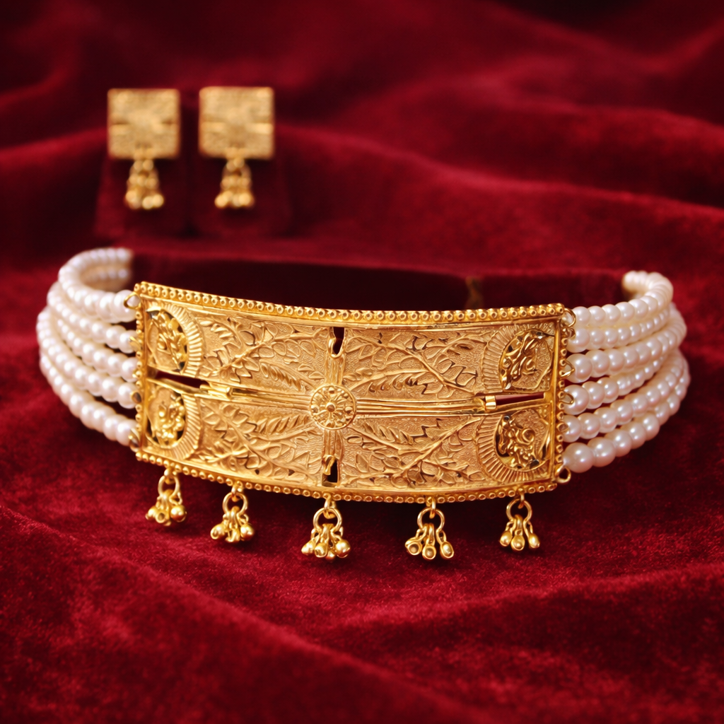 Traditional Pearl Layered Golden Choker & Earrings Set