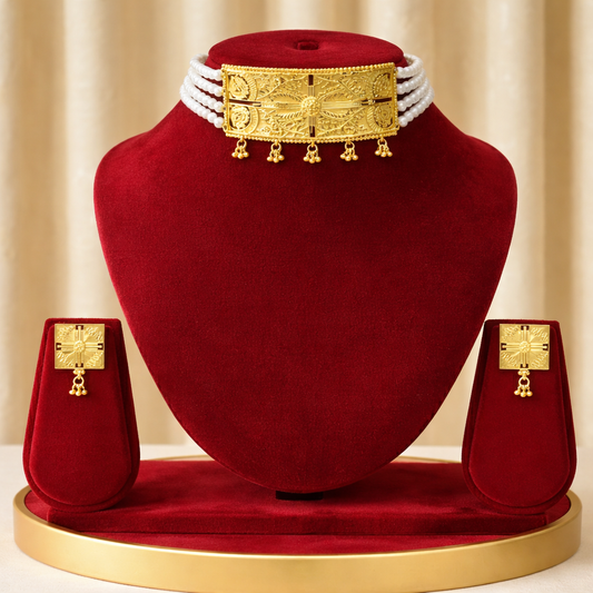 Traditional Pearl Layered Golden Choker & Earrings Set