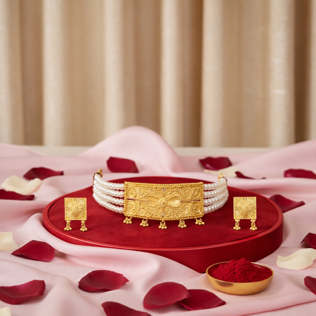 Traditional Pearl Layered Golden Choker & Earrings Set