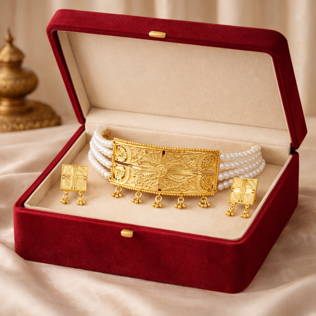 Traditional Pearl Layered Golden Choker & Earrings Set