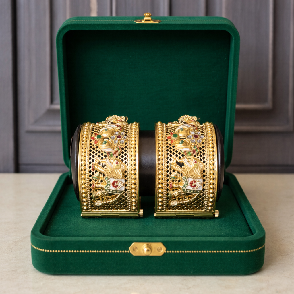 Rajwada Style Elephant Motif Designer Golden Kada Bangle Set