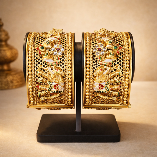 Rajwada Style Elephant Motif Designer Golden Kada Bangle Set