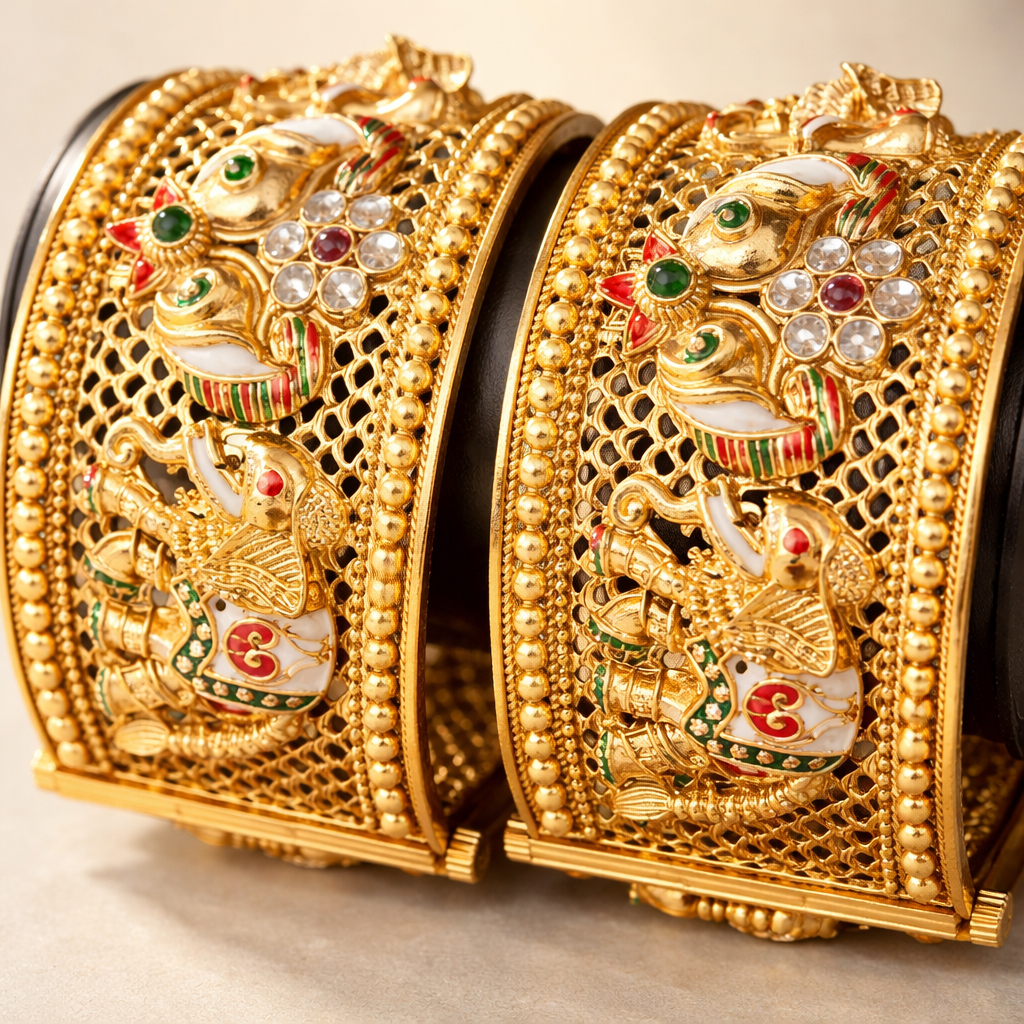 Rajwada Style Elephant Motif Designer Golden Kada Bangle Set