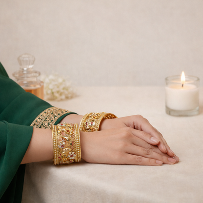 Rajwada Style Elephant Motif Designer Golden Kada Bangle Set