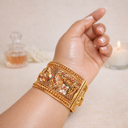 Rajwada Style Elephant Motif Designer Golden Kada Bangle Set
