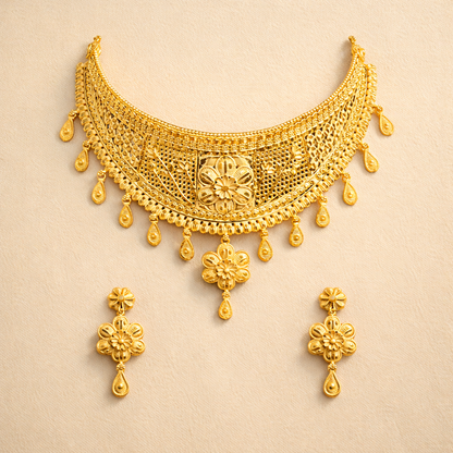 Golden Filigree Statement Necklace & Earrings Set
