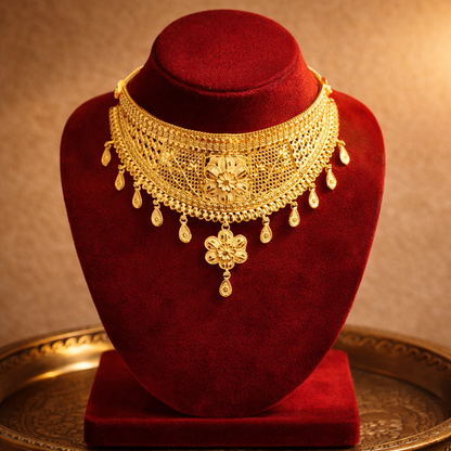 Golden Filigree Statement Necklace & Earrings Set
