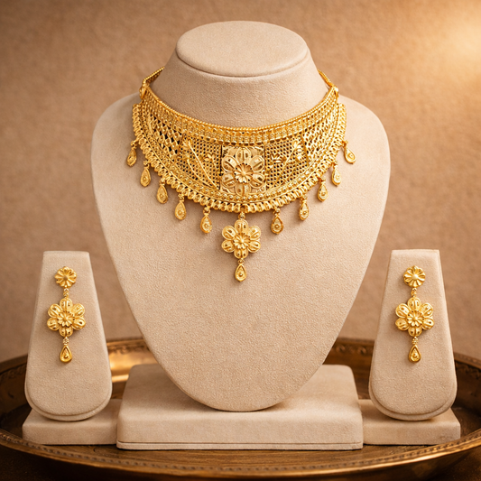 Golden Filigree Statement Necklace & Earrings Set