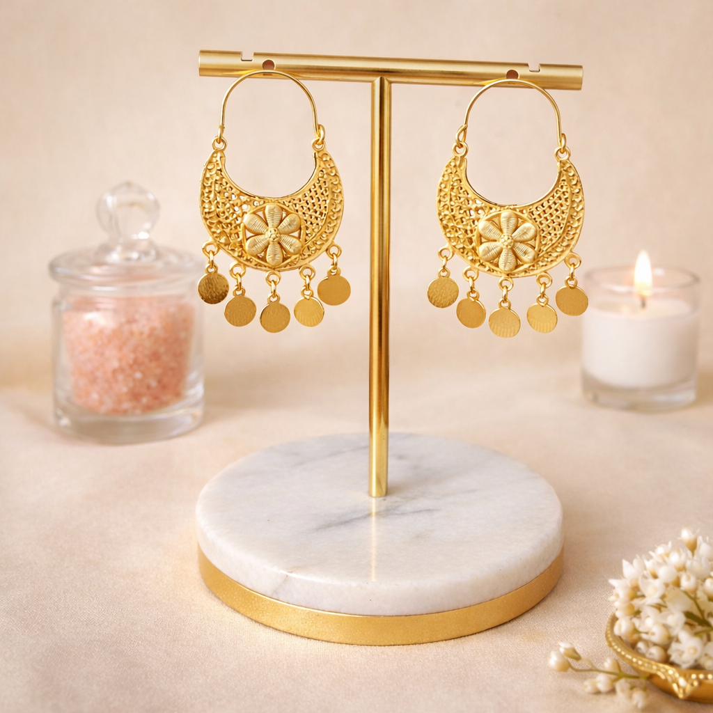 Floral Filigree Golden Charm Drop Earrings