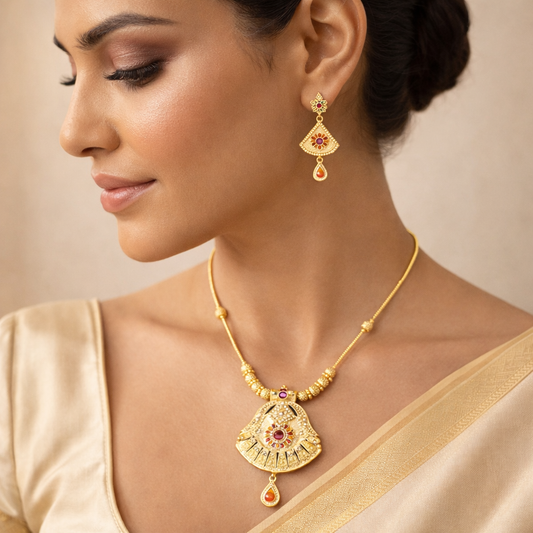 Traditional Golden Pendant Necklace & Earrings Set