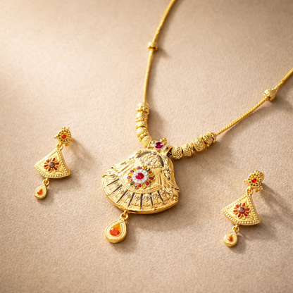 Traditional Golden Pendant Necklace & Earrings Set