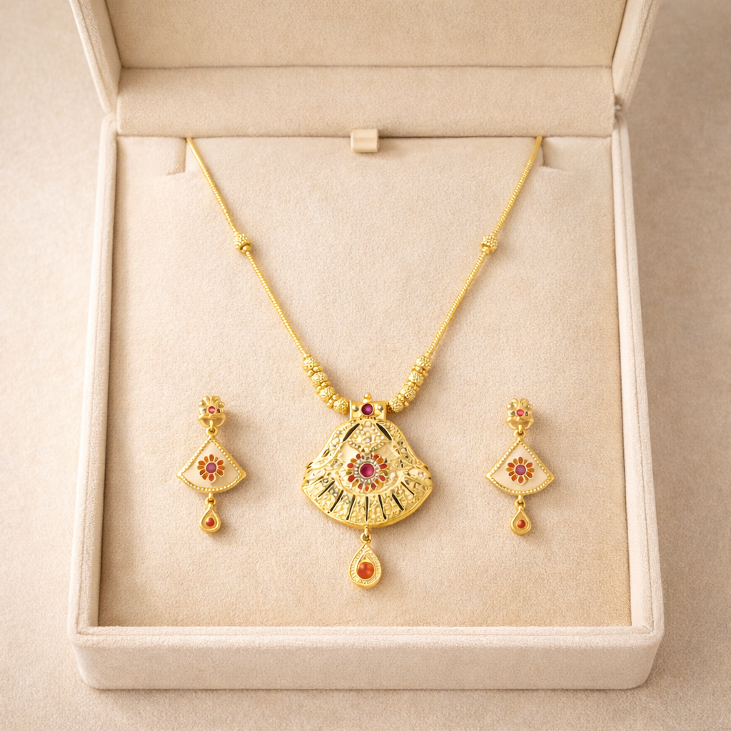 Traditional Golden Pendant Necklace & Earrings Set