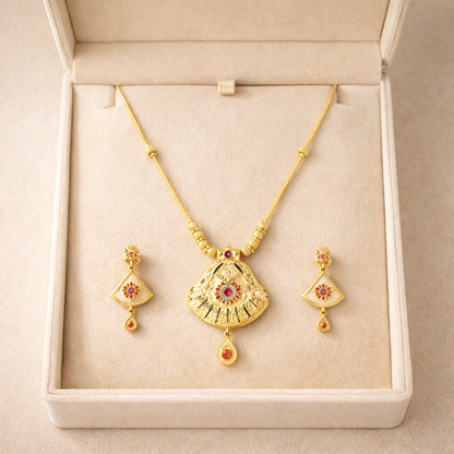 Traditional Golden Pendant Necklace & Earrings Set