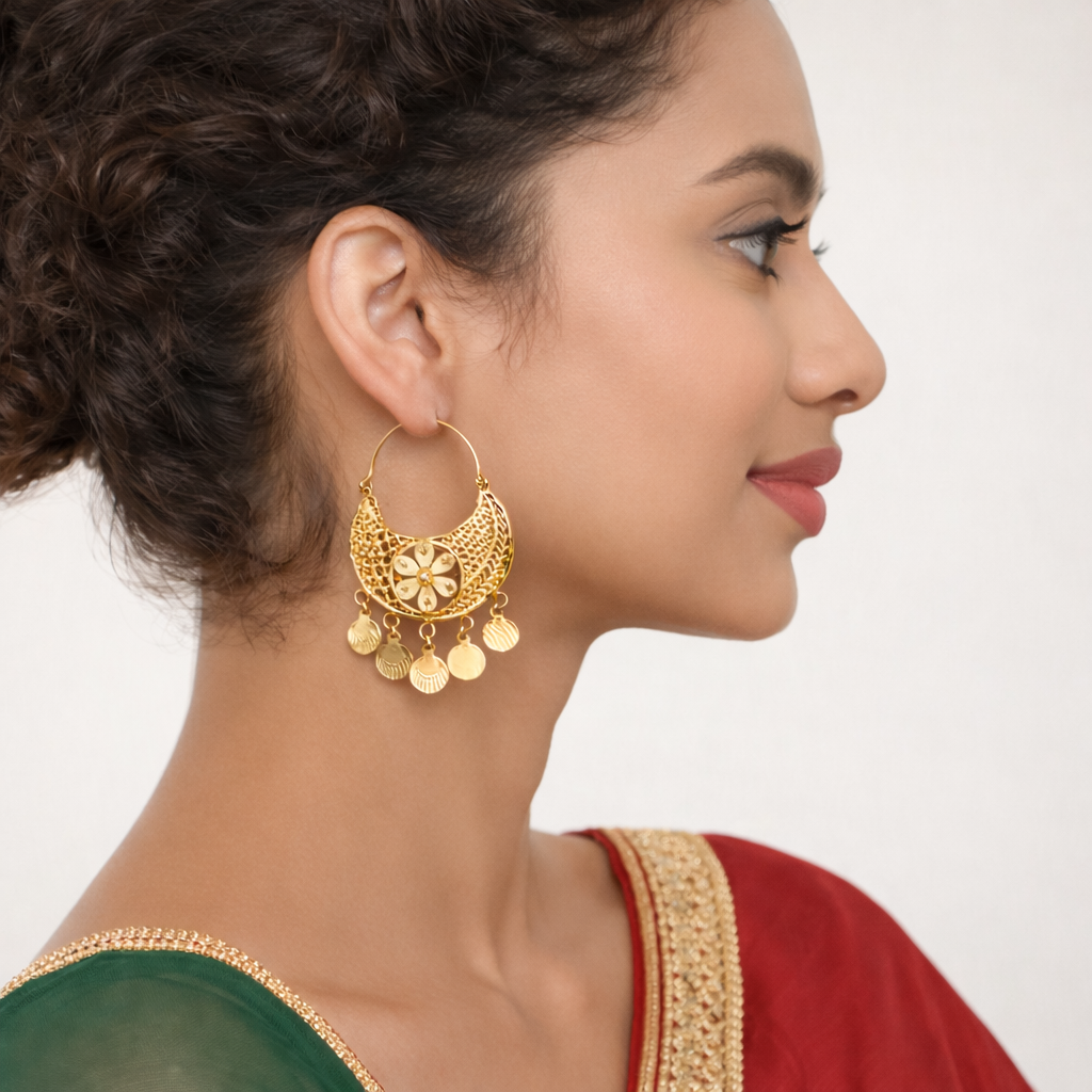 Floral Filigree Golden Charm Drop Earrings