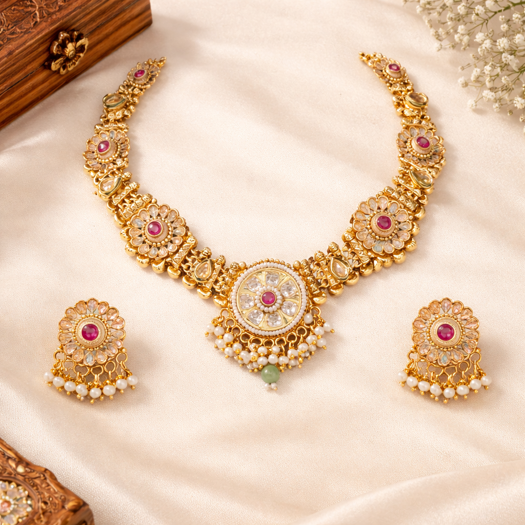 Temple Floral Moti Statement Necklace & Earrings Set