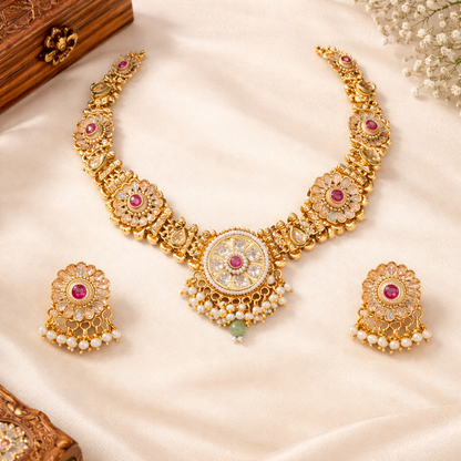 Temple Floral Moti Statement Necklace & Earrings Set