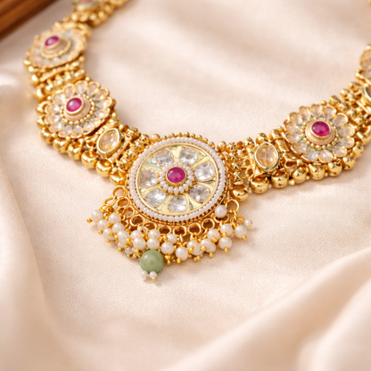Temple Floral Moti Statement Necklace & Earrings Set