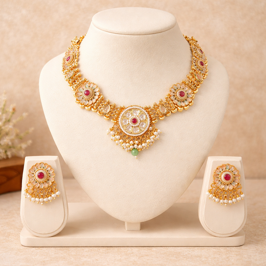 Temple Floral Moti Statement Necklace & Earrings Set