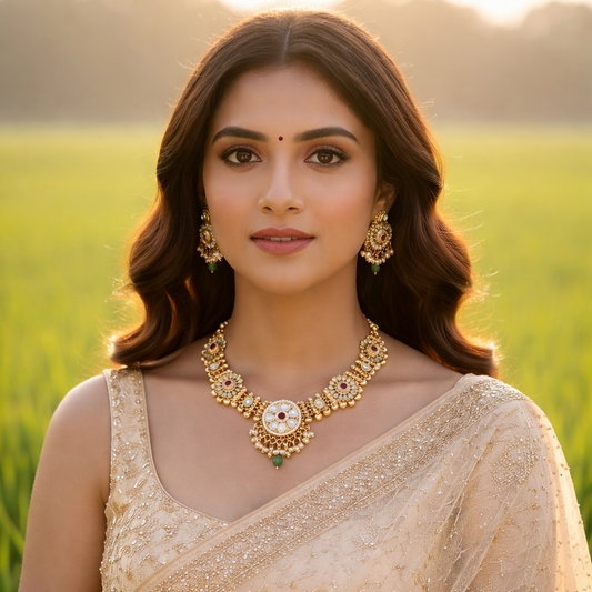 Temple Floral Moti Statement Necklace & Earrings Set