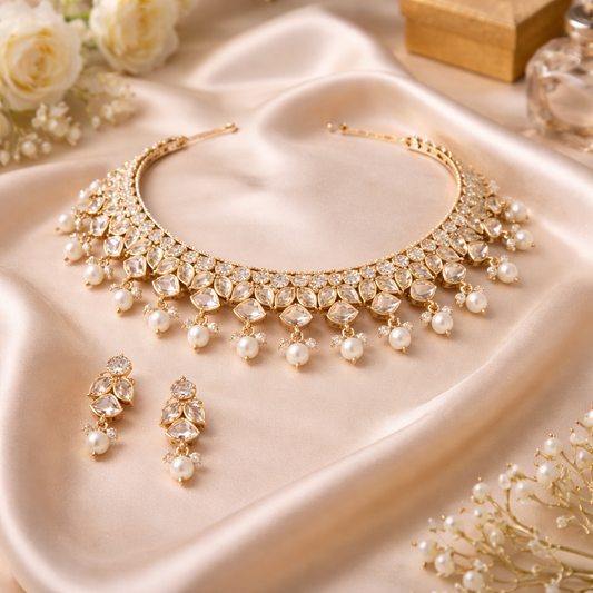 White AD Stone & Pearl Choker Necklace & Earrings Set